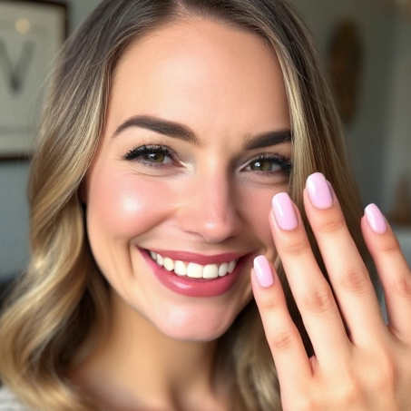 Happy client showing glossy Shellac Gel Mani at Lincoln CT Nail Spa