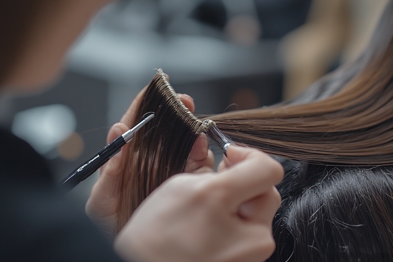 Close-Up of Single Single Hair Extensions Strand Application at Lincoln CT Nail Spa