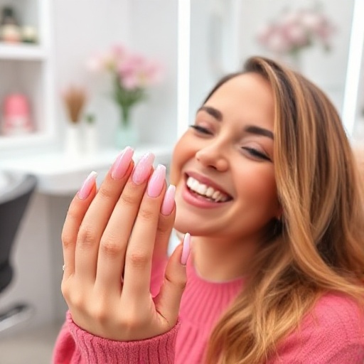 happy client with pink & white gel manicure at Lincoln CT Nail Spa