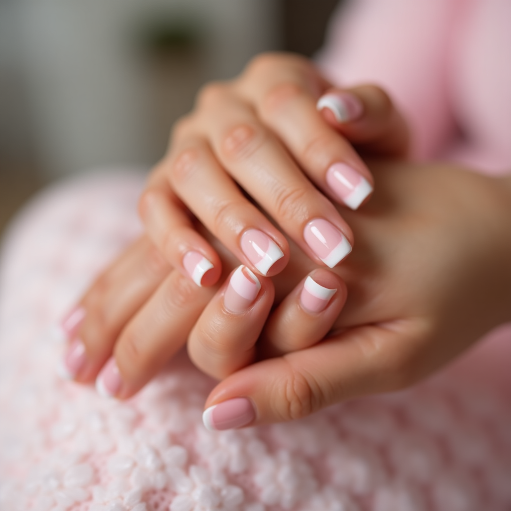 pretty hand after pink & white gel manicure at Lincoln CT Nail Spa